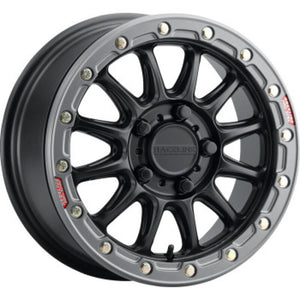 Raceline A14BG Alpha 17x7in/4x156 BP/40mm Offset/110.18mm Bore- Blk & Gunmetal Ring Beadlock Wheel