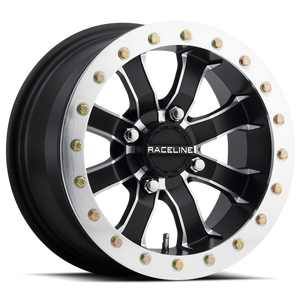 Raceline A71 Mamba 14x7in/4x156 BP/4+3 10mm Offset/132.5mm Bore - Blk & Machined Ring Beadlock Wheel