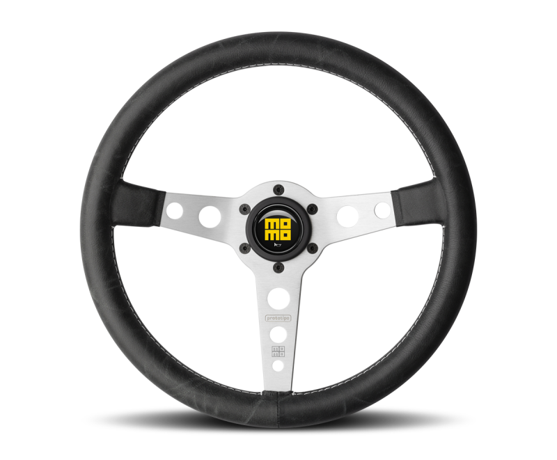 Momo Prototipo Steering Wheel 350 mm - Black Leather/White Stitch/Brushed Spokes
