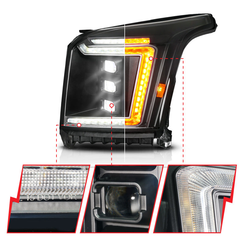 ANZO 15-20 GMC Yukon (Incl XL - Factory Halogen Models) Full LED Proj Headlights Black - Driver Side
