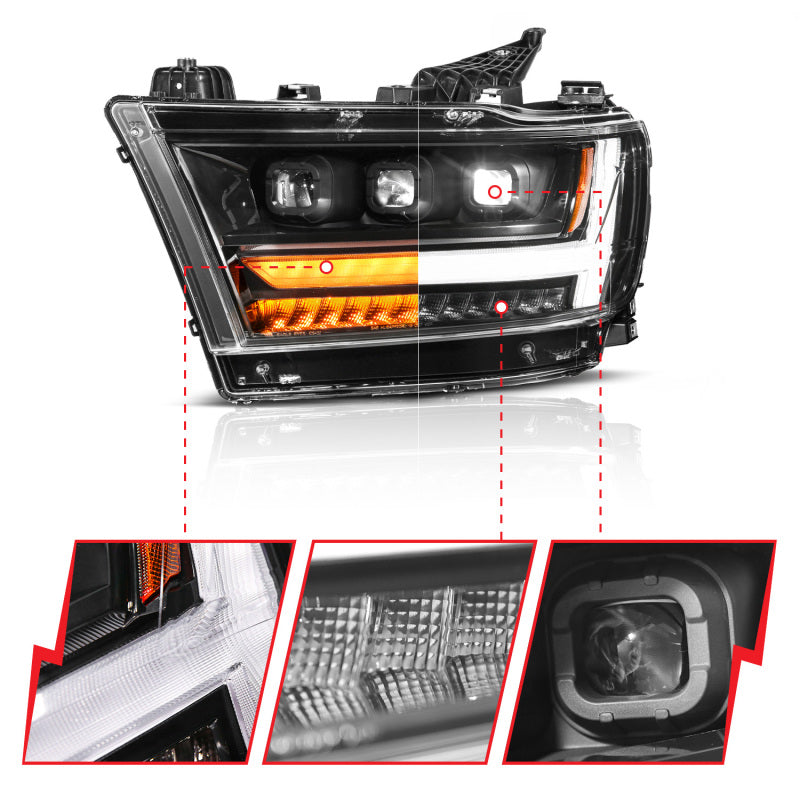 ANZO 19-24 RAM 1500 (New Body/OE Halogen) Full LED Proj Headlights DRL/SeqSig Black - Pass. Side