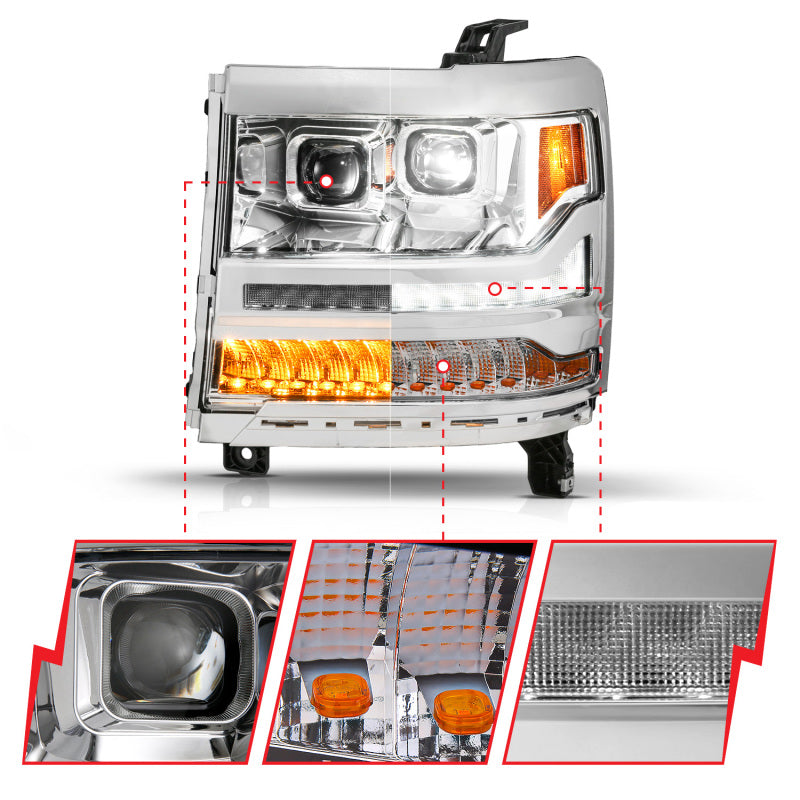 ANZO 16-18 Chevy Silverado 1500 (Factory HID Models ONLY) Full LED Proj Headlights Chrome - Pair
