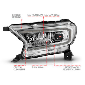 ANZO 19-23 Ford Ranger (Factory Halogen Models) Full LED Proj Headlights DRL/SeqSig Chrome - Pair