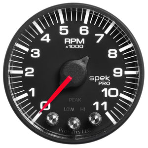 Autometer Spek-Pro Gauge Tach 2 1/16in 11K Rpm W/ Shift Light & Peak Mem - Blk/Blk