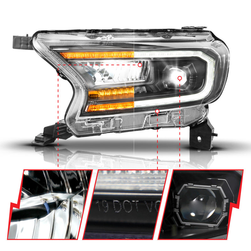 ANZO 19-23 Ford Ranger (Factory Halogen Model) Full LED Proj Headlights Init/DRL/SeqSig Black - Pair