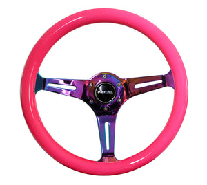 NRG Classic Wood Grain Steering Wheel (350mm) Neon Pink Painted Grip w/Neochrome 3-Spoke Center