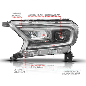 ANZO 19-23 Ford Ranger (Factory Halogen Model) Full LED Proj Headlights Init/DRL/SeqSig Black - Pair