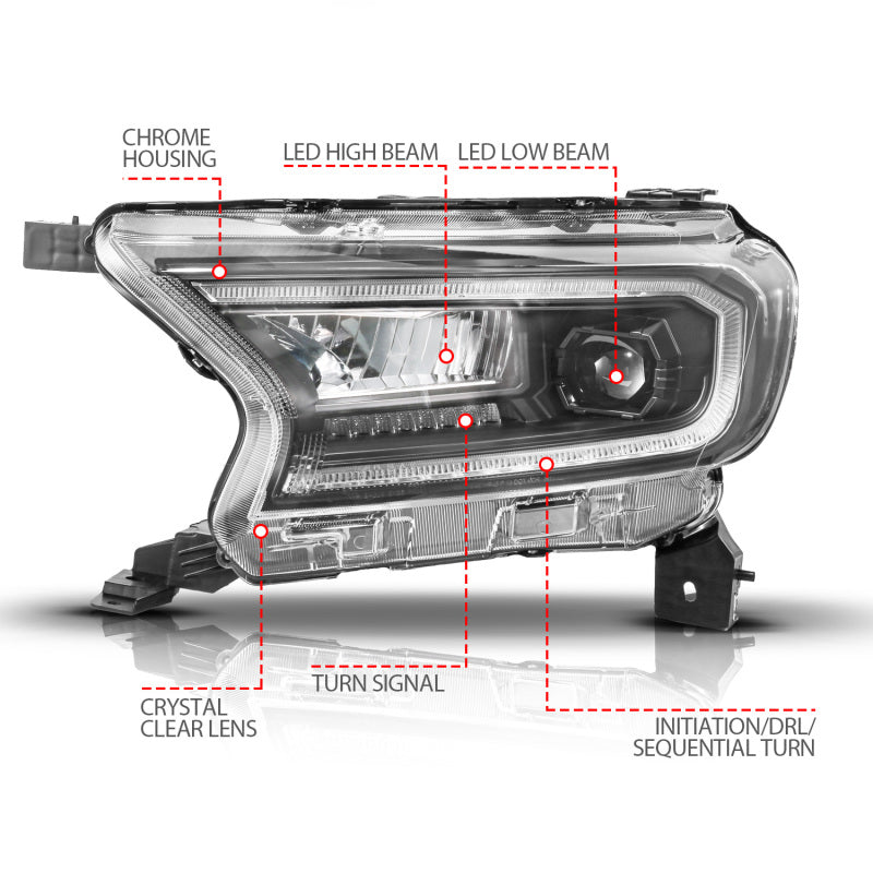 ANZO 19-23 Ford Ranger (Factory Halogen Model) Full LED Proj Headlights Init/DRL/SeqSig Black - Pair