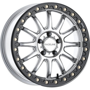 Raceline A14SB Alpha 15x7in/4x156 BP/10mm Offset/132.5mm Bore - Silver & Blk Ring Beadlock Wheel