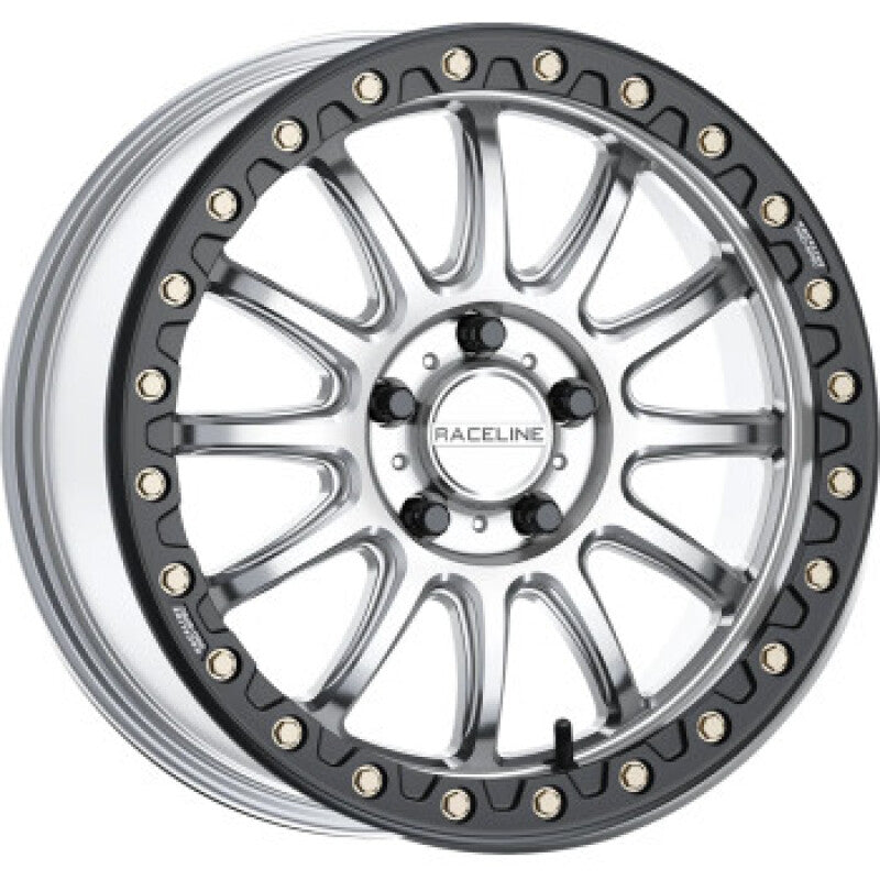 Raceline A14SB Alpha 17x7in/5x114.3 BP/40mm Offset/68mm Bore - Silver & Blk Ring Beadlock Wheel