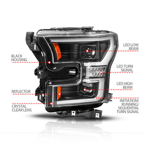 ANZO 15-17 Ford F-150 (Factory Halogen Model ONLY) Full LED Proj Headlights  Init/SeqSig Black- Pair