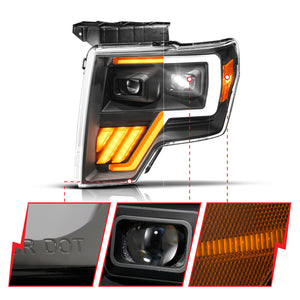 ANZO 09-14 Ford F-150 (Factory Halogen Model ONLY) Full LED Proj Headlights Init/SeqSig Black - Pair