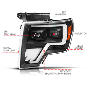 ANZO 09-14 Ford F-150 (Factory Halogen Model ONLY) Full LED Proj Headlights Init/SeqSig Black - Pair