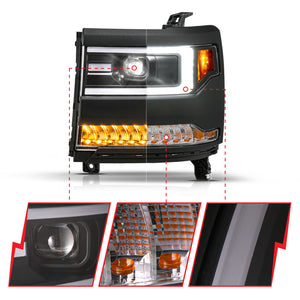 ANZO 16-18 Chevy Silverado1500 (Factory HID Models) LED Proj Light Bar Style Headlights Black - Pair