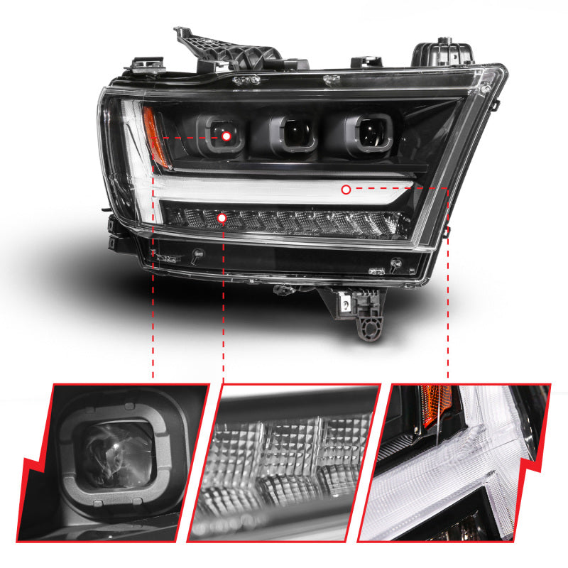 ANZO 19-24 RAM 1500 (New Body/OE Halogen) Full LED Proj Headlights DRL/SeqSig Black - Pass. Side