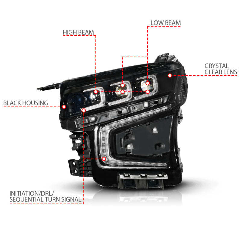 ANZO 21-23 Chevy Tahoe/Suburban LED Light Bar Style Headlights Black w/ Sequential DRL (Left Side)