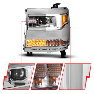 ANZO 16-18 Chevy Silverado1500 (Factory HID Models) LED Prj Light Bar Style Headlights Chrome - Pair