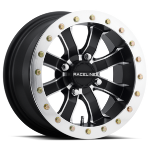 Raceline A71 Mamba 14x7in/4x156 BP/4+4 0mm Offset/110.18mm Bore - Blk & Machined Ring Beadlock Wheel