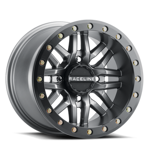 Raceline A91G Ryno 14x7in/4x137 BP/10mm Offset/110.18mm Bore - Gunmetal & Black Ring Beadlock Wheel