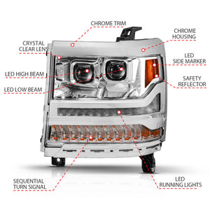 ANZO 16-18 Chevy Silverado 1500 (Factory HID Models ONLY) Full LED Proj Headlights Chrome - Pair