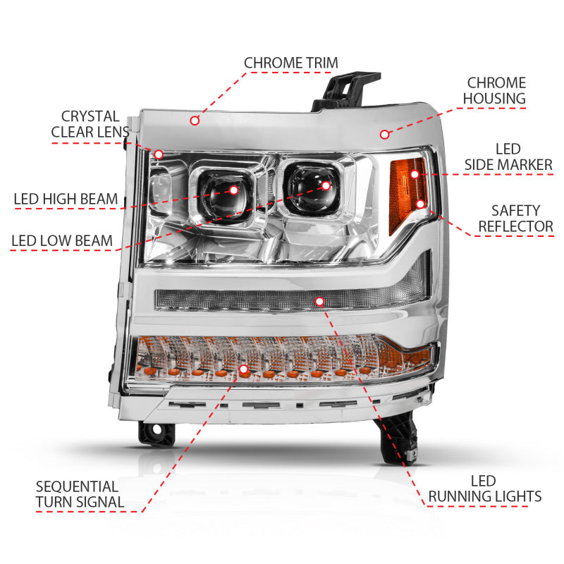 ANZO 16-18 Chevy Silverado 1500 (Factory HID Models ONLY) Full LED Proj Headlights Chrome - Pair